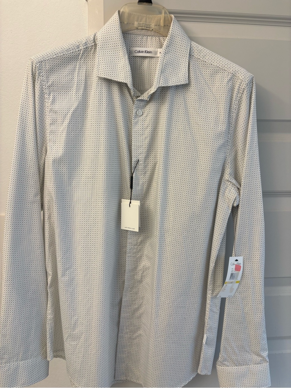 Calvin Klein Men's Cotton Geometric Dress Shirt White/Blue Long Sleeve M